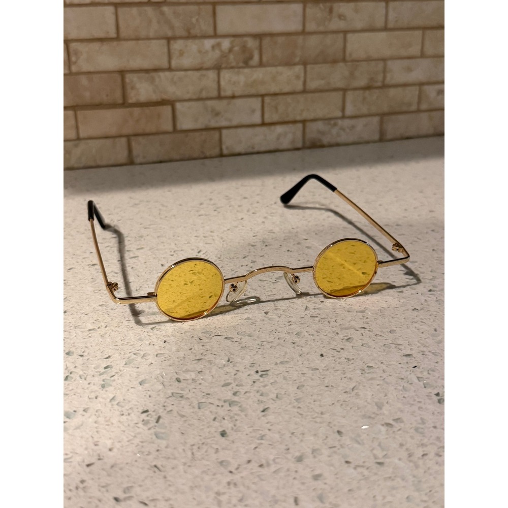 Vintage 90s Mini Round Sunglasses Small Yellow Lens Gold Frame Grunge Hippie